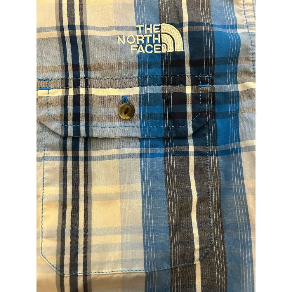 The North Face plaid blue yellow Shirt Men's Large Short-Sleeve western casual